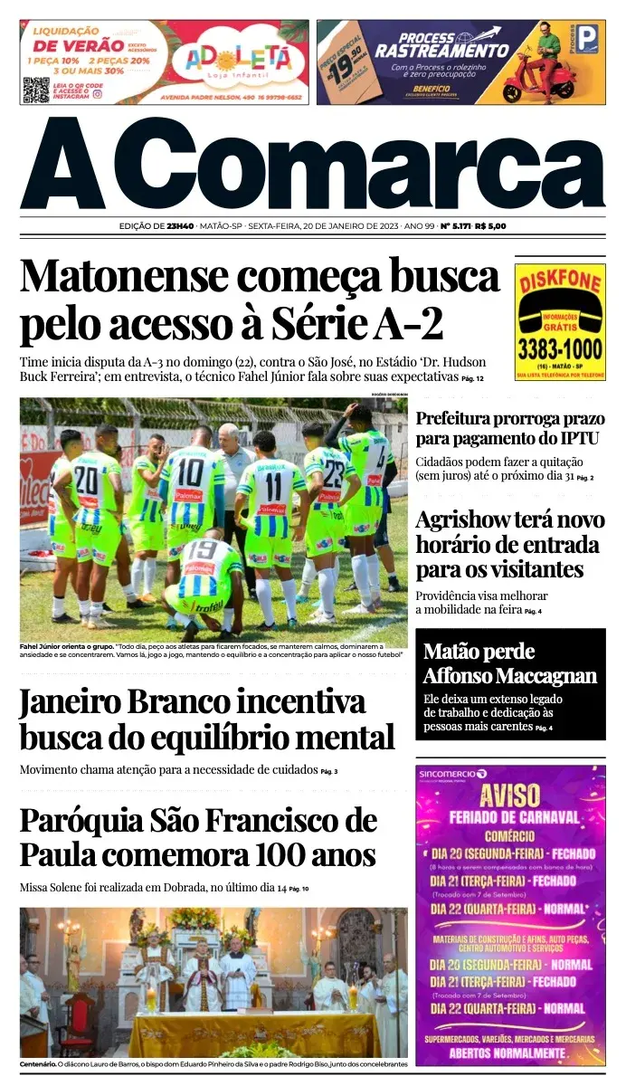 Primeira página da edição 5171 de A Comarca, 20 de janeiro de 2023