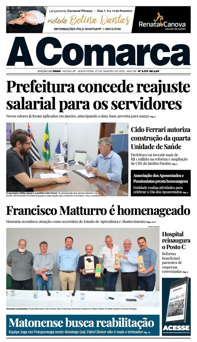 Primeira página da edição 5172 de A Comarca, 27 de janeiro de 2023