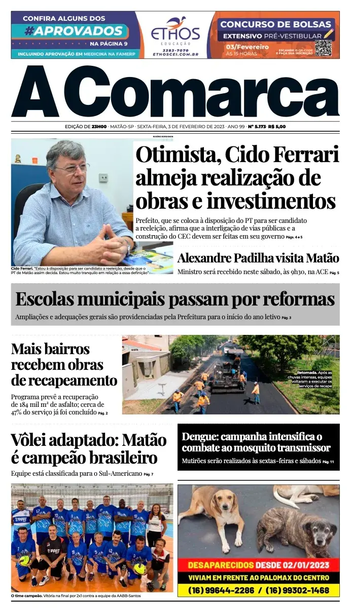 Primeira página da edição 5173 de A Comarca, 3 de fevereiro de 2023