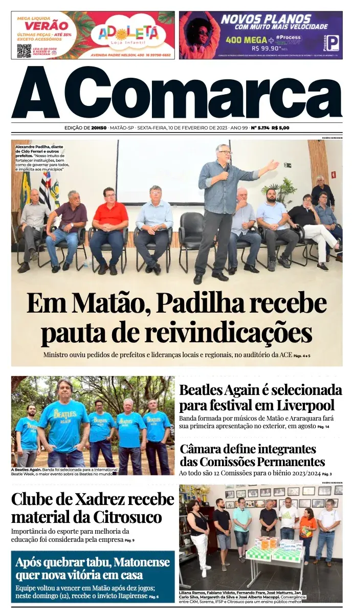 Primeira página da edição 5174 de A Comarca, 10 de fevereiro de 2023