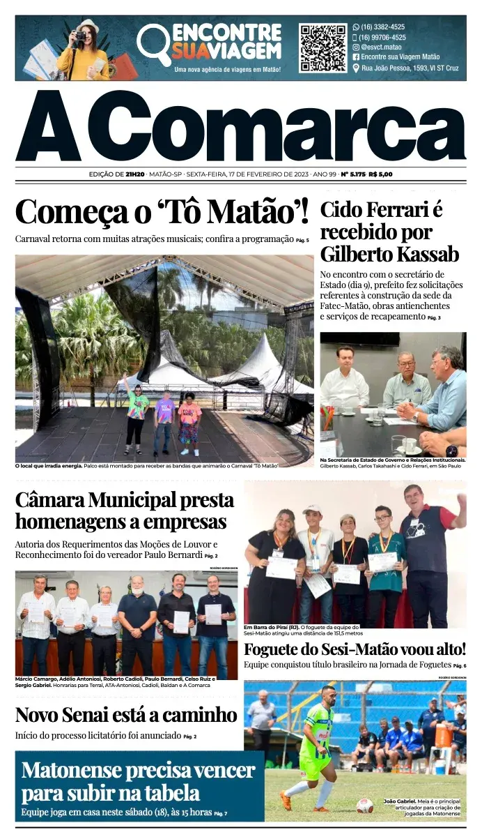 Primeira página da edição 5175 de A Comarca, 17 de fevereiro de 2023