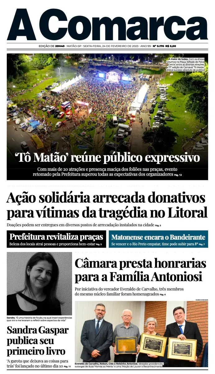 Primeira página da edição 5176 de A Comarca, 24 de fevereiro de 2023