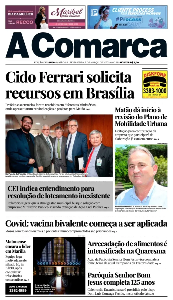 Primeira página da edição 5177 de A Comarca, 3 de março de 2023