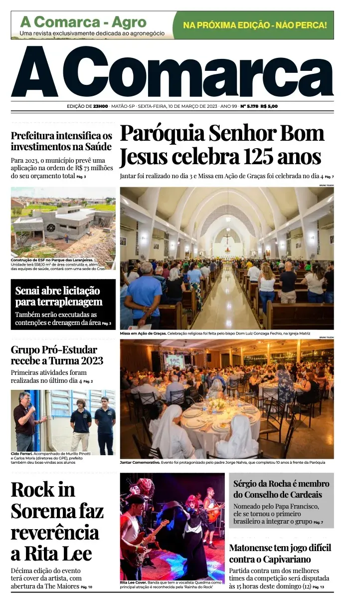 Primeira página da edição 5178 de A Comarca, 10 de março de 2023