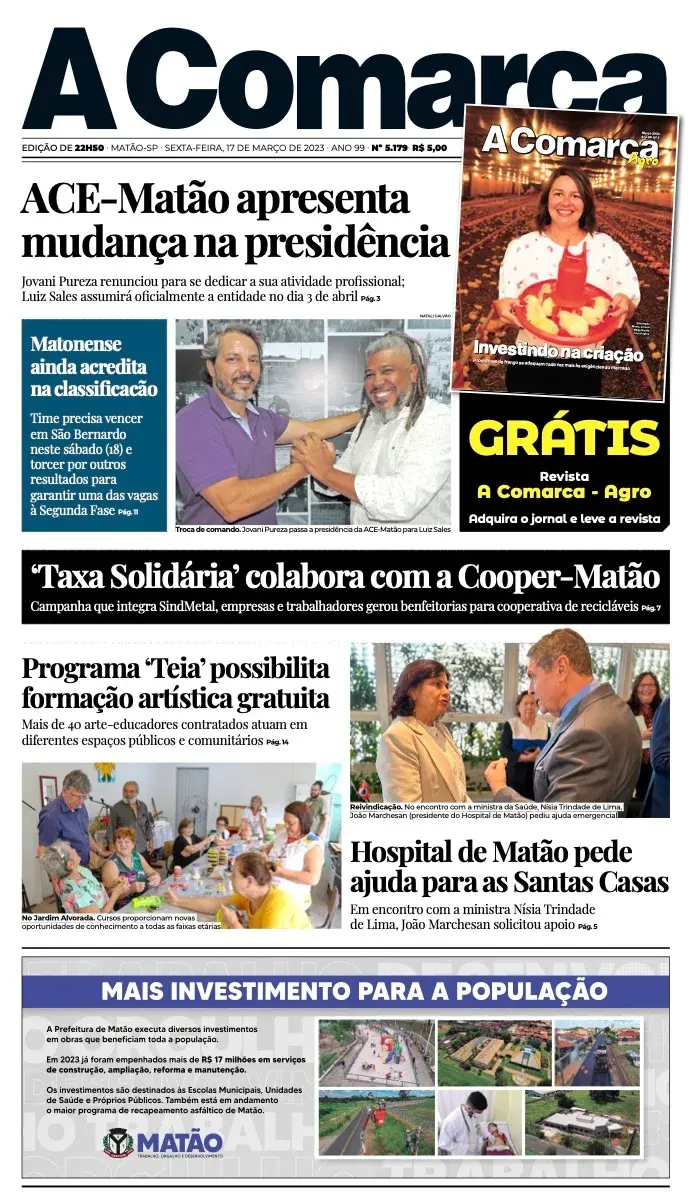 Primeira página da edição 5179 de A Comarca, 17 de março de 2023