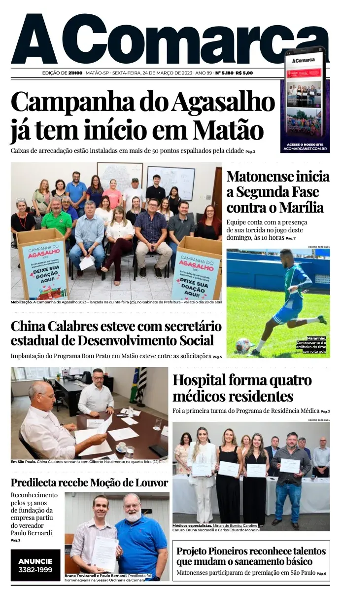 Primeira página da edição 5180 de A Comarca, 24 de março de 2023