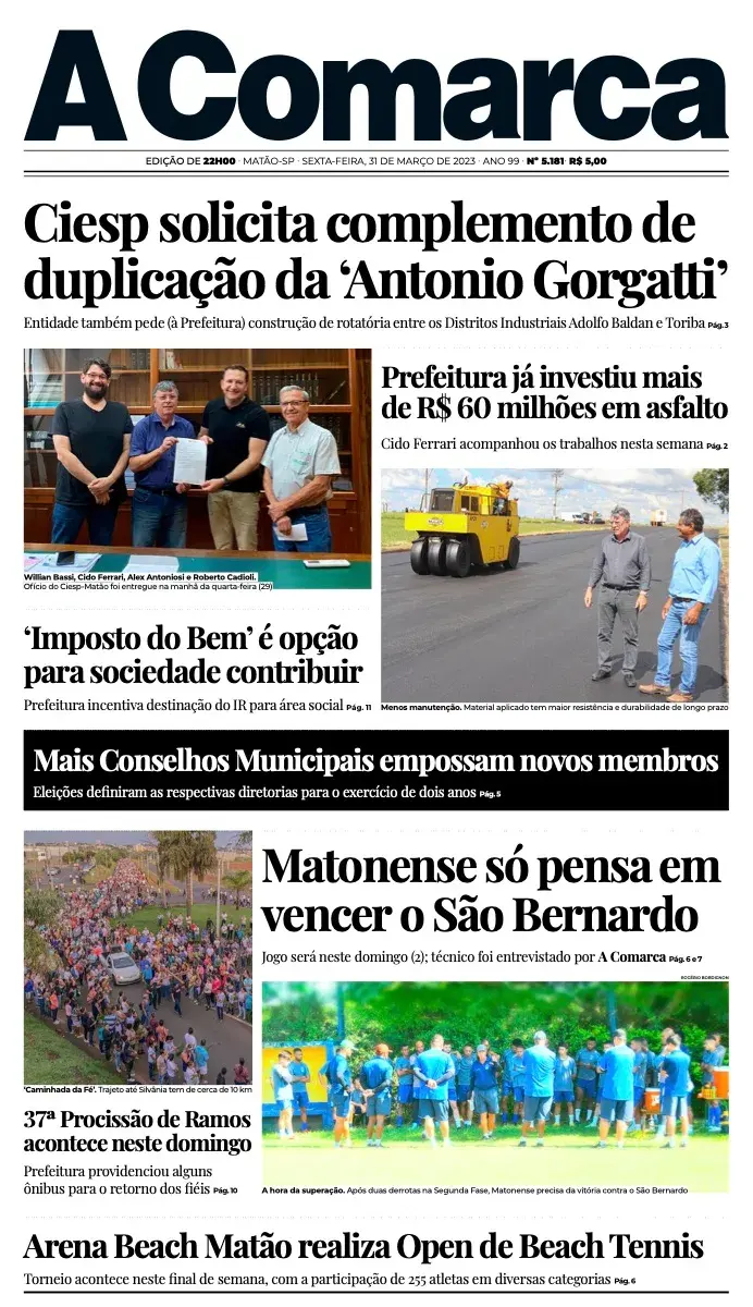 Primeira página da edição 5181 de A Comarca, 31 de março de 2023