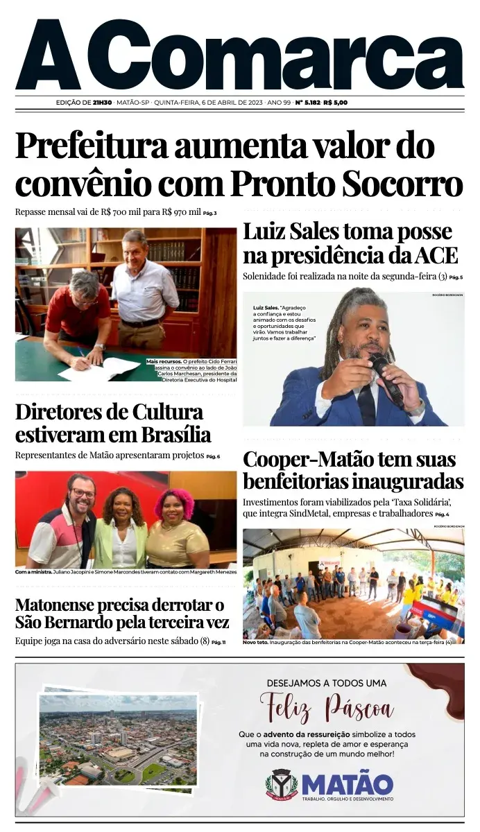 Primeira página da edição 5182 de A Comarca, 6 de abril de 2023