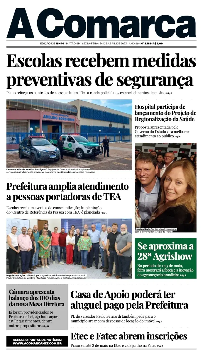 Primeira página da edição 5183 de A Comarca, 14 de abril de 2023