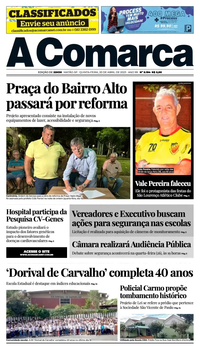 Primeira página da edição 5184 de A Comarca, 20 de abril de 2023