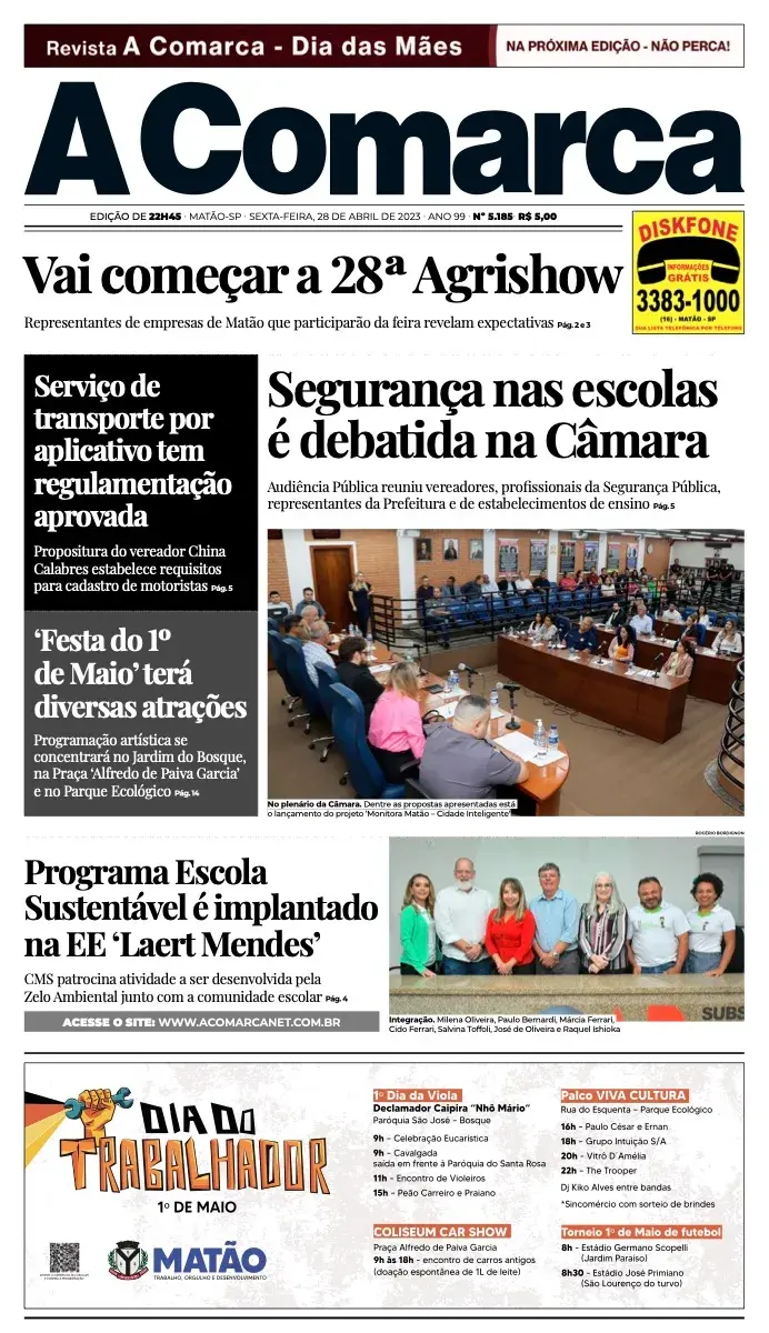 Primeira página da edição 5185 de A Comarca, 28 de abril de 2023