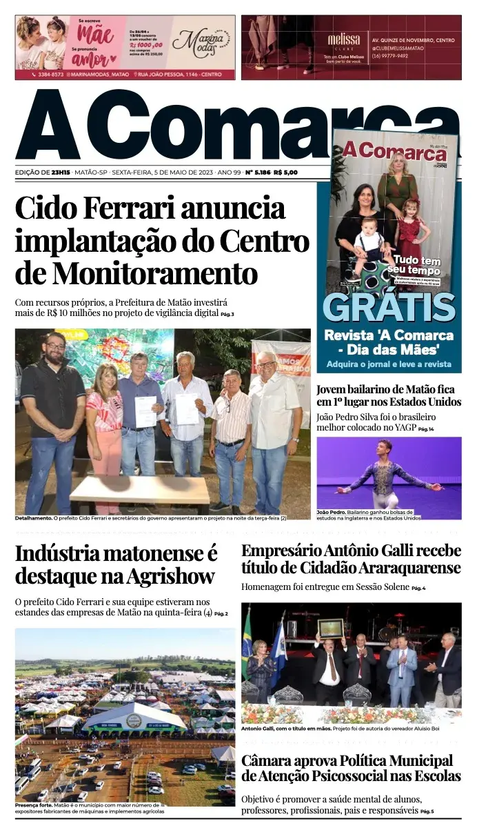 Primeira página da edição 5186 de A Comarca, 5 de maio de 2023