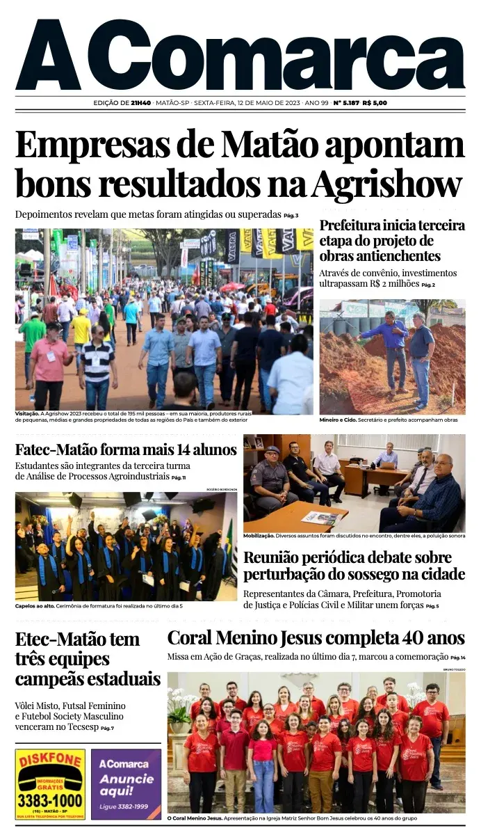 Primeira página da edição 5187 de A Comarca, 12 de maio de 2023