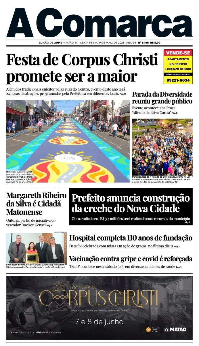 Primeira página da edição 5188 de A Comarca, 19 de maio de 2023