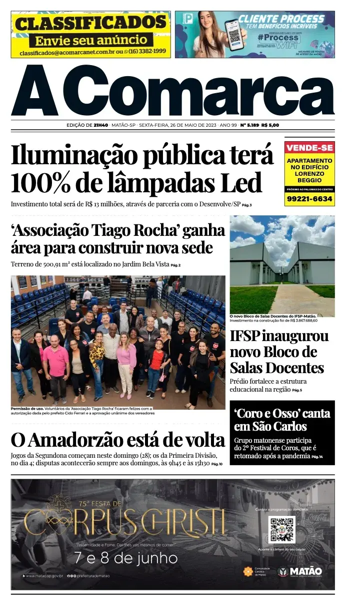 Primeira página da edição 5189 de A Comarca, 26 de maio de 2023