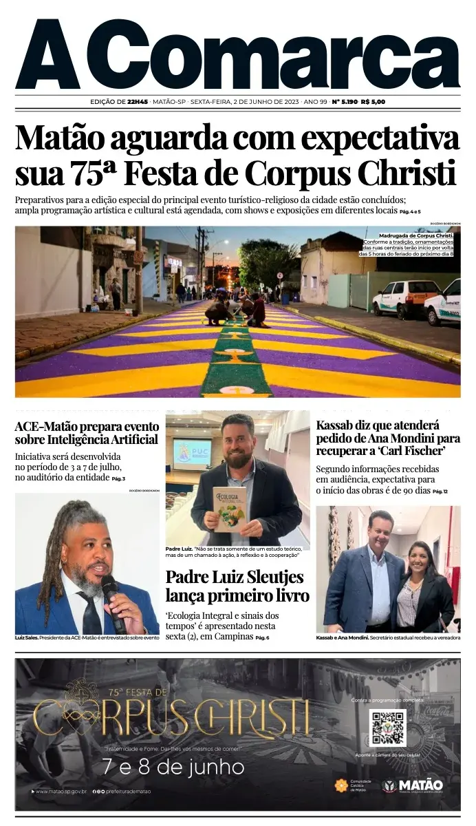 Primeira página da edição 5190 de A Comarca, 2 de junho de 2023