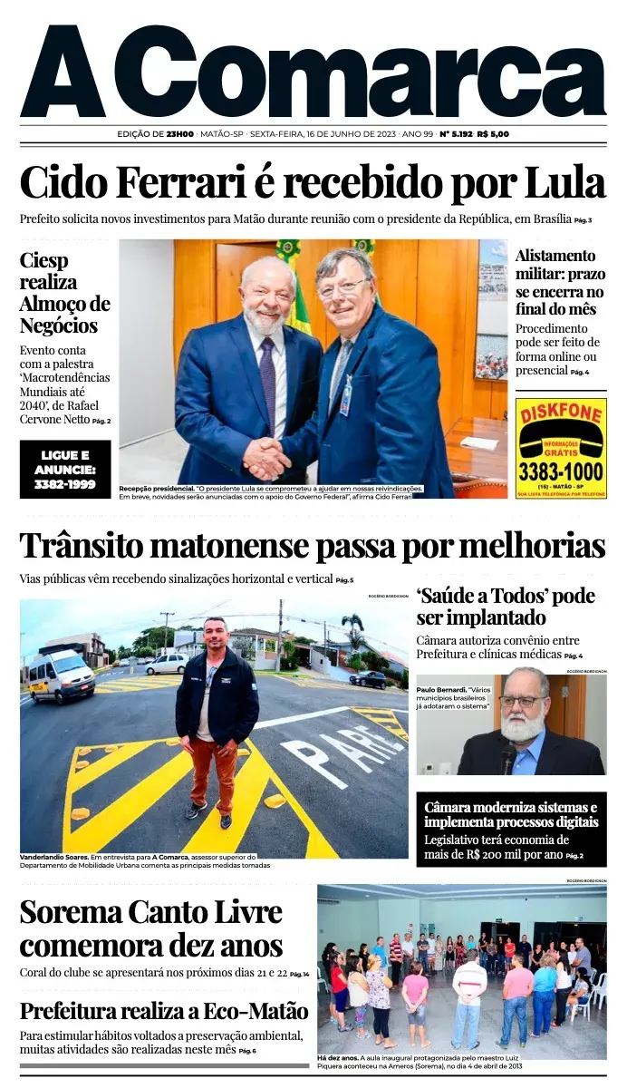 Primeira página da edição 5192 de A Comarca, 16 de junho de 2023