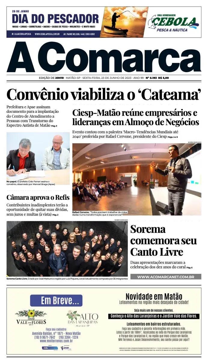 Primeira página da edição 5193 de A Comarca, 23 de junho de 2023