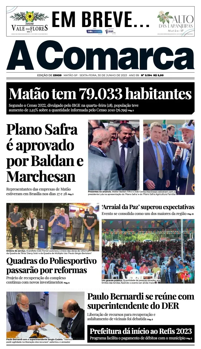 Primeira página da edição 5194 de A Comarca, 30 de junho de 2023
