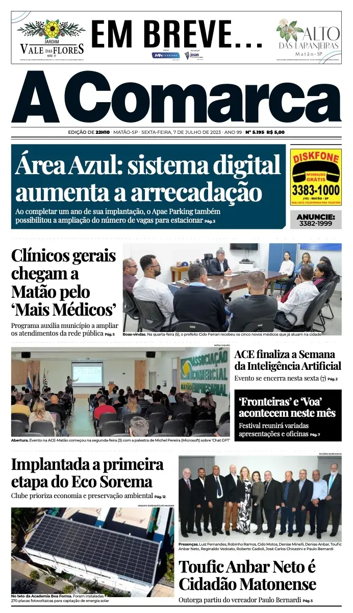 Primeira página da edição 5195 de A Comarca, 7 de julho de 2023