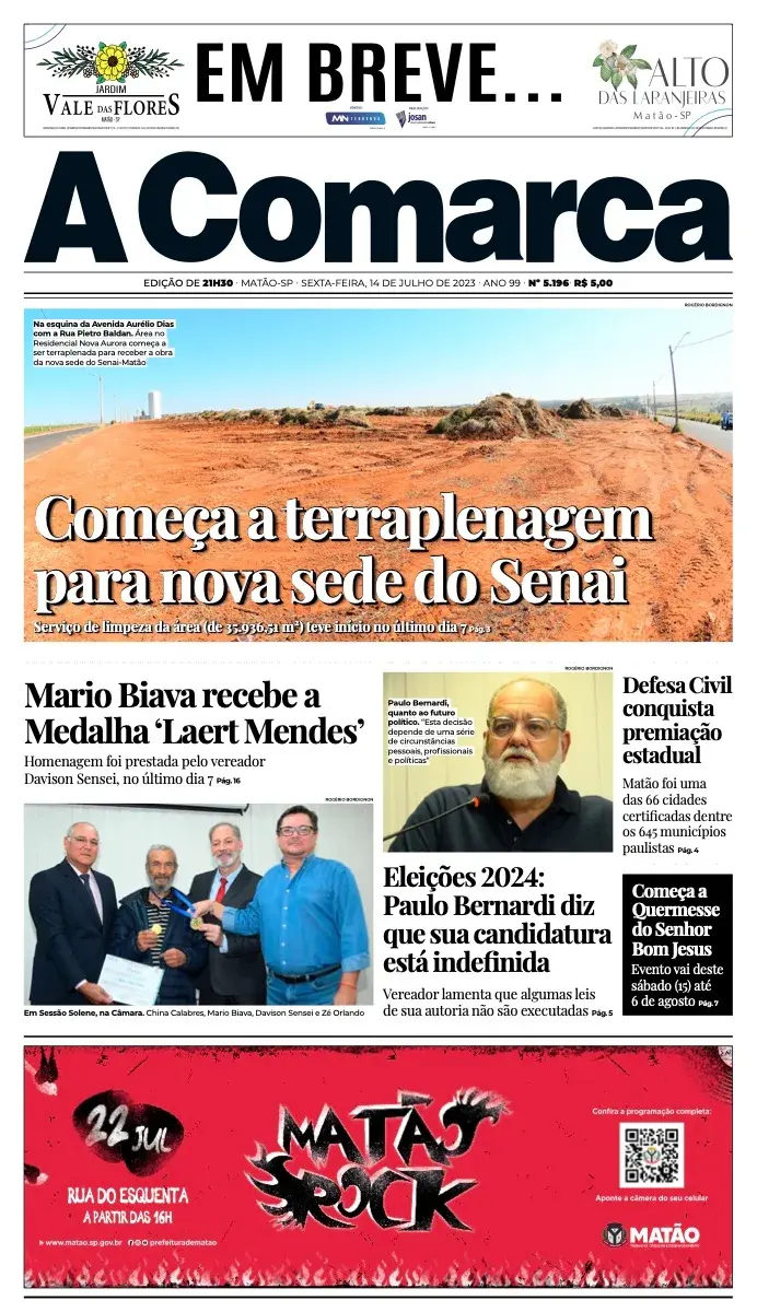 Primeira página da edição 5196 de A Comarca, 14 de julho de 2023