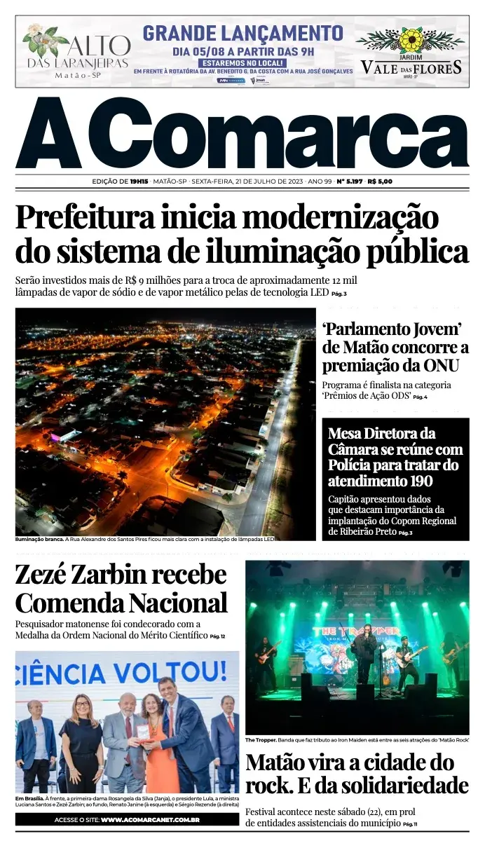 Primeira página da edição 5197 de A Comarca, 21 de julho de 2023