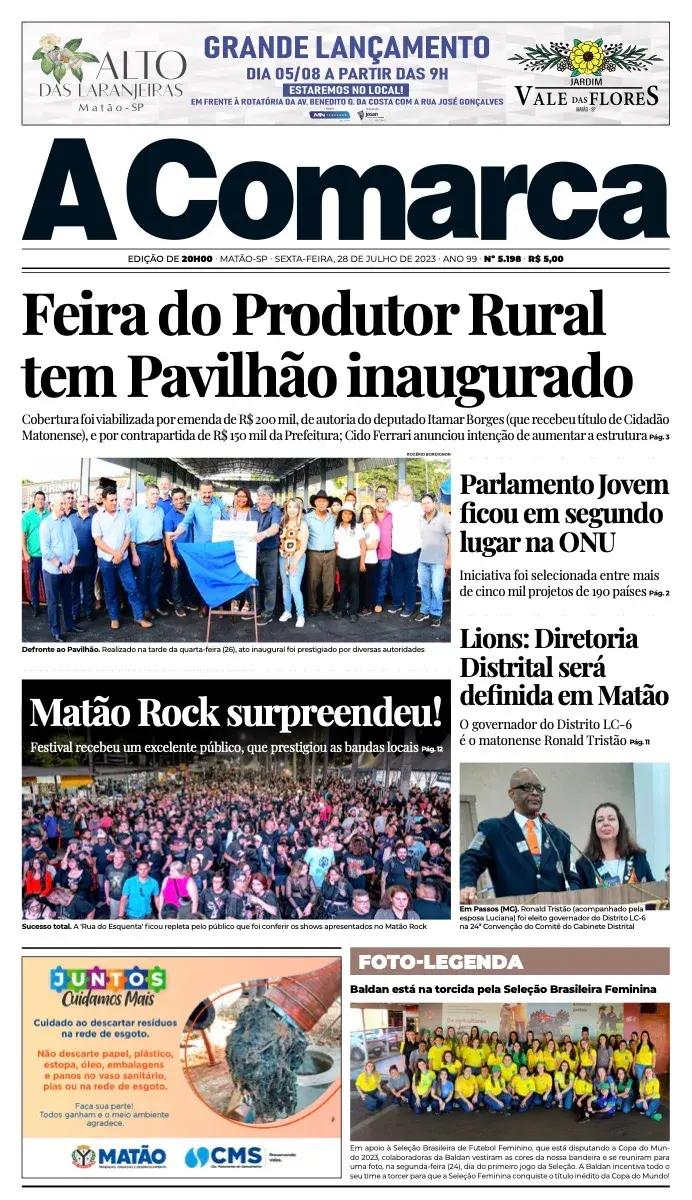 Primeira página da edição 5198 de A Comarca, 28 de julho de 2023
