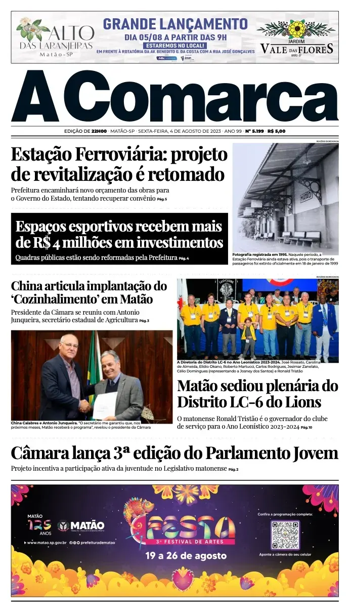 Primeira página da edição 5199 de A Comarca, 4 de agosto de 2023
