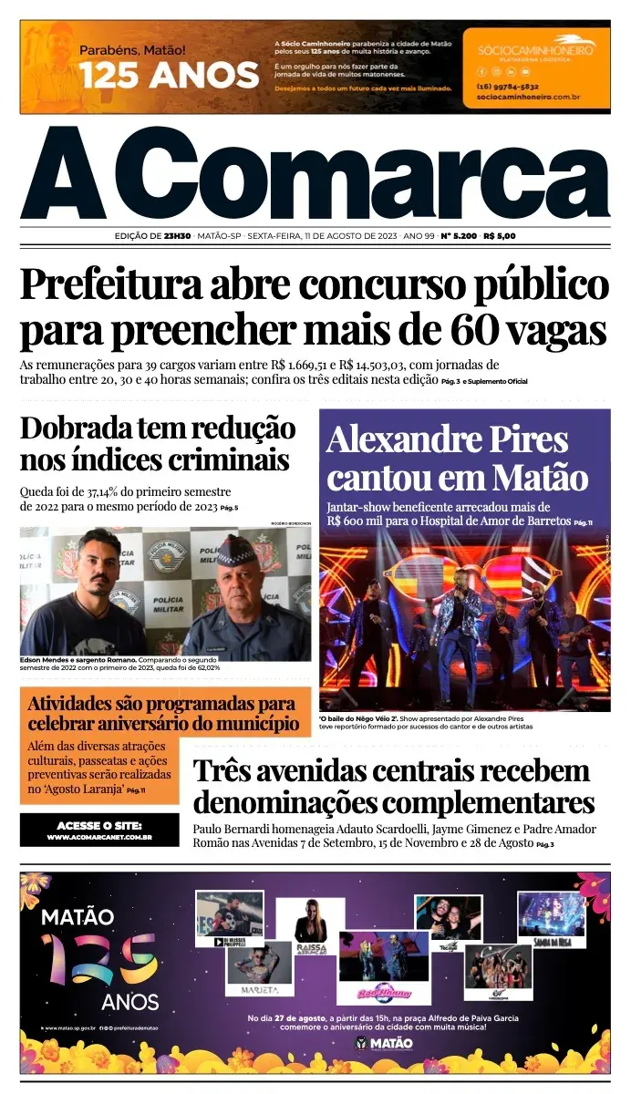 Primeira página da edição 5200 de A Comarca, 11 de agosto de 2023