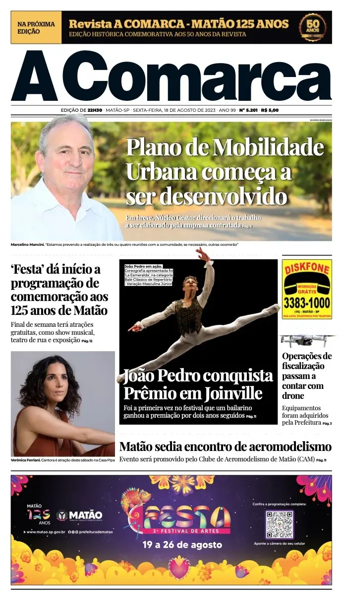 Primeira página da edição 5201 de A Comarca, 18 de agosto de 2023