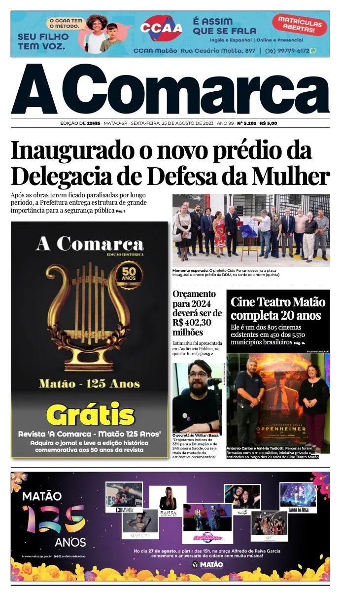 Primeira página da edição 5202 de A Comarca, 25 de agosto de 2023
