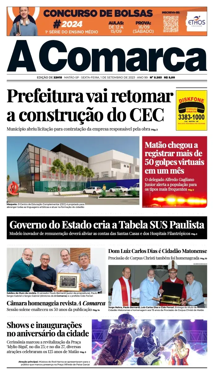 Primeira página da edição 5203 de A Comarca, 1 de setembro de 2023