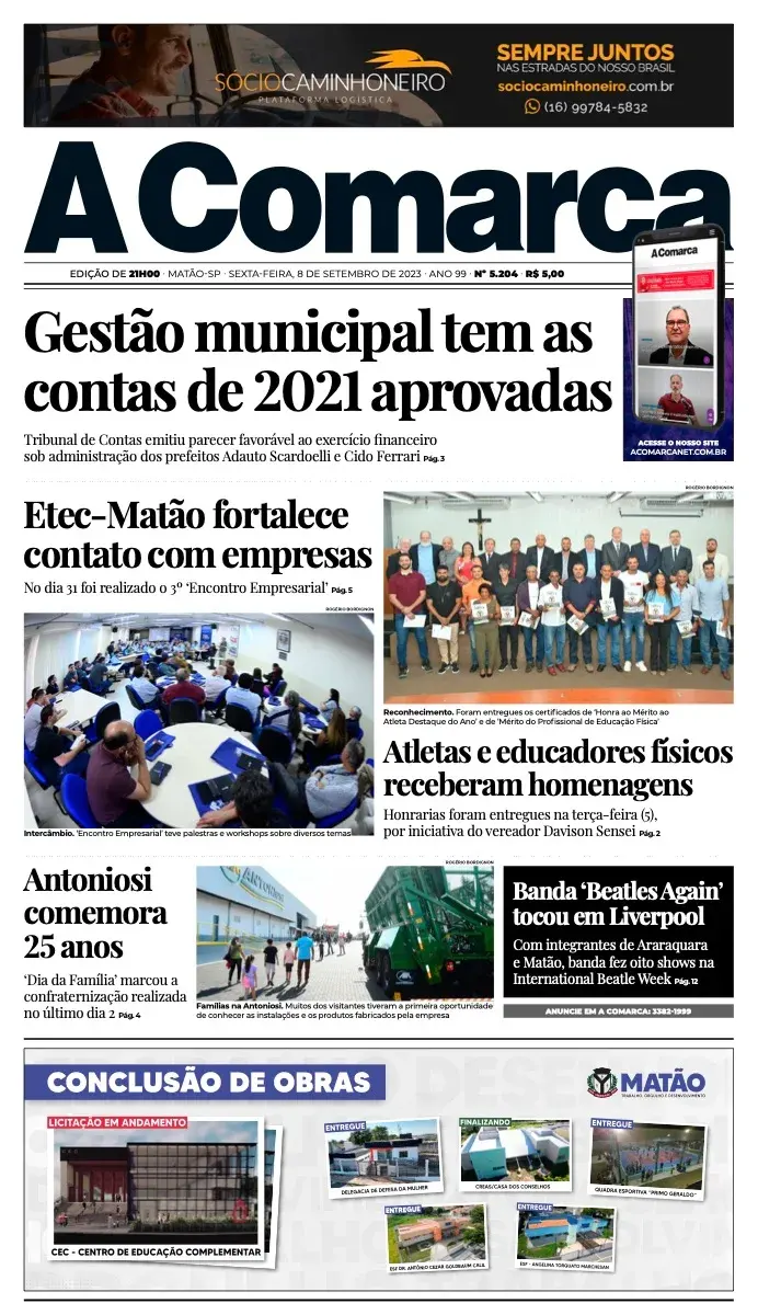 Primeira página da edição 5204 de A Comarca, 8 de setembro de 2023
