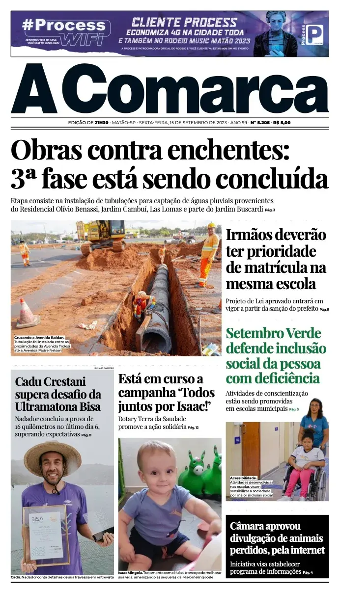 Primeira página da edição 5205 de A Comarca, 15 de setembro de 2023