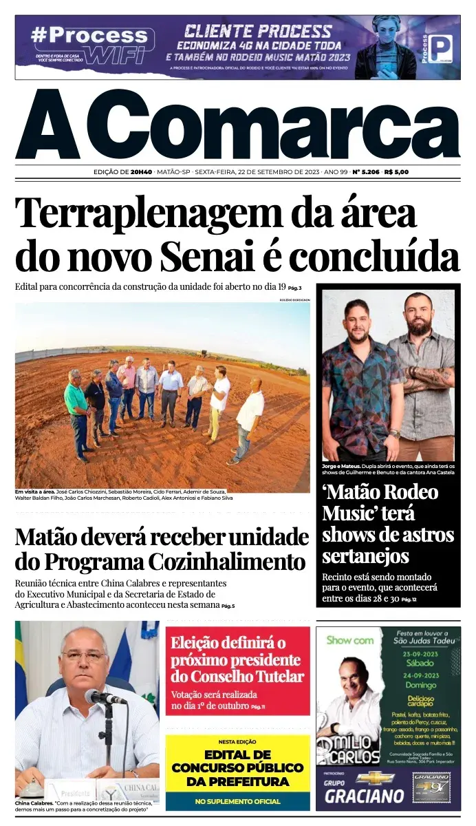 Primeira página da edição 5206 de A Comarca, 22 de setembro de 2023