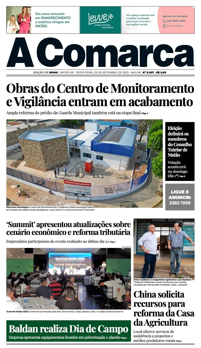 Primeira página da edição 5207 de A Comarca, 29 de setembro de 2023