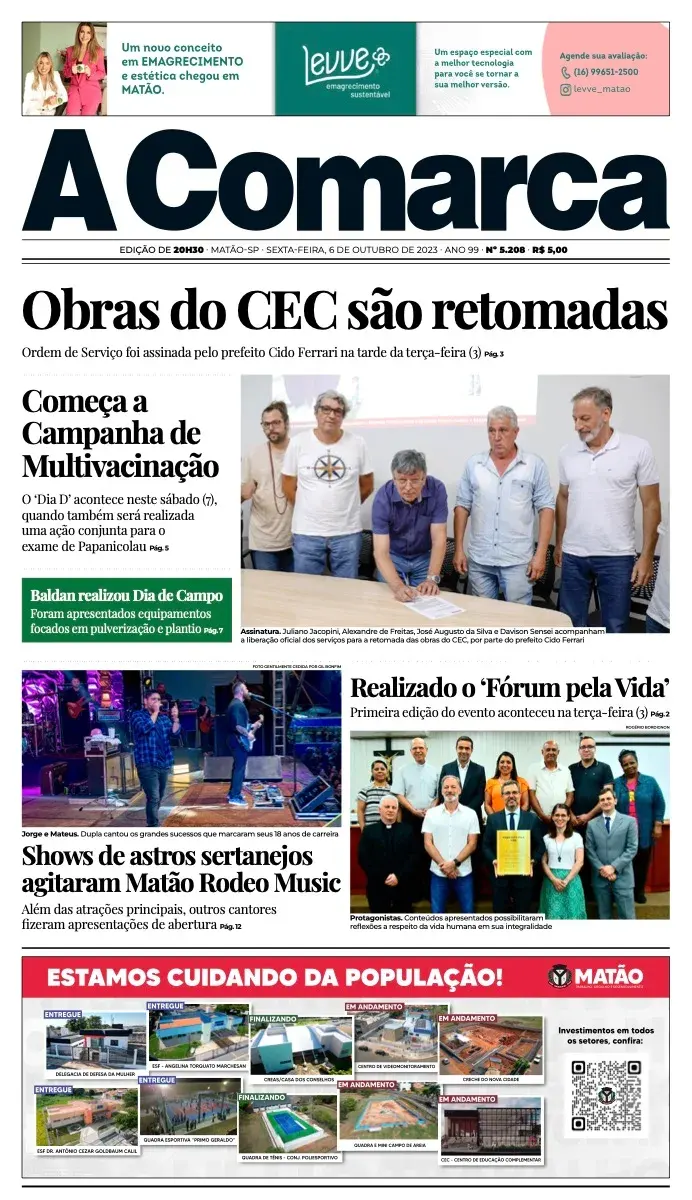 Primeira página da edição 5208 de A Comarca, 6 de outubro de 2023