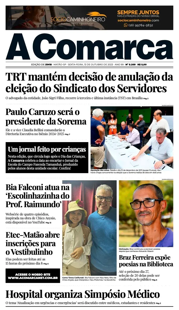 Primeira página da edição 5209 de A Comarca, 13 de outubro de 2023