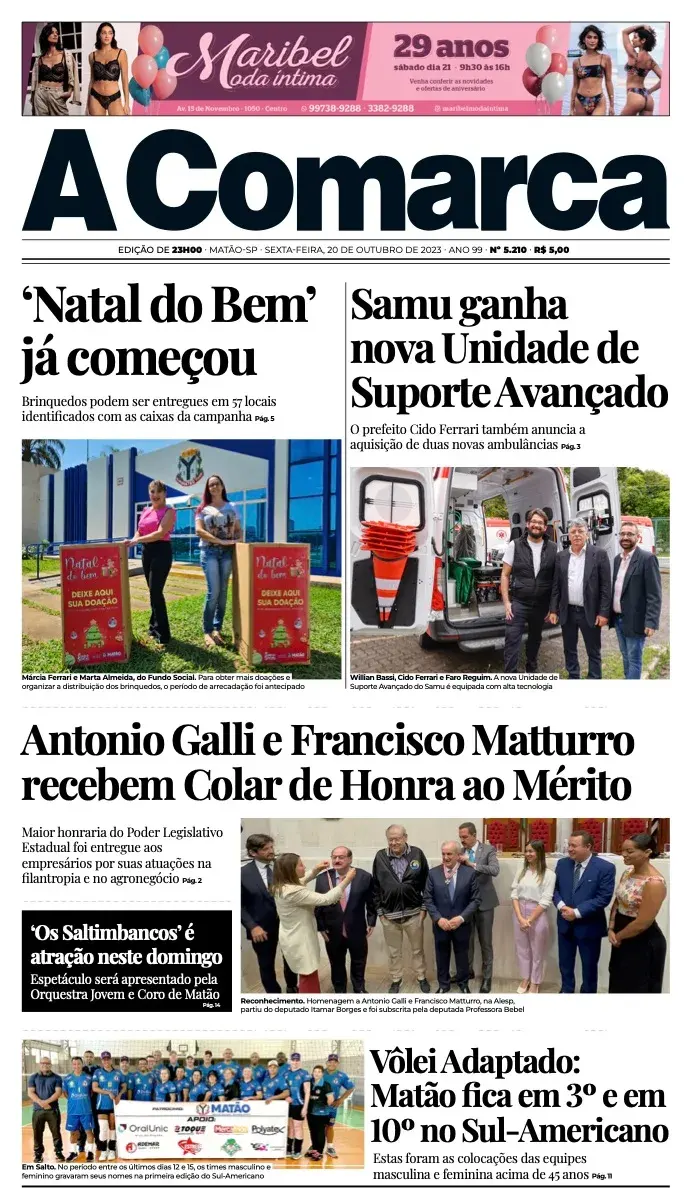 Primeira página da edição 5210 de A Comarca, 20 de outubro de 2023