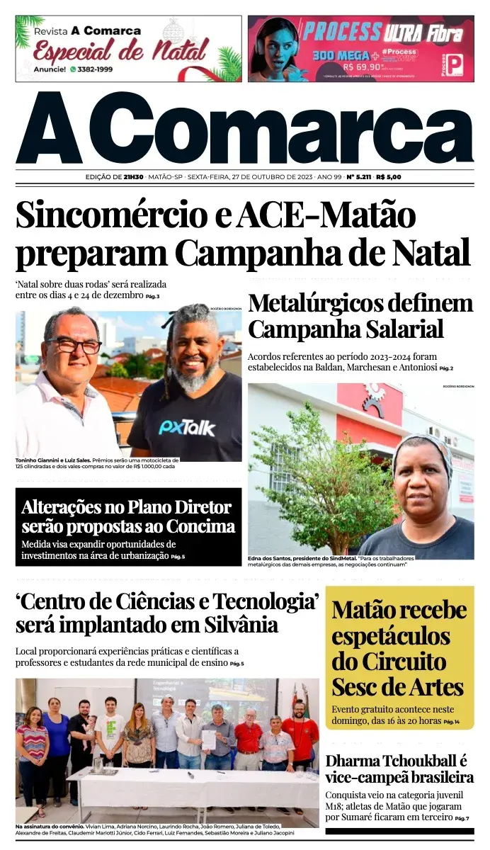 Primeira página da edição 5211 de A Comarca, 27 de outubro de 2023