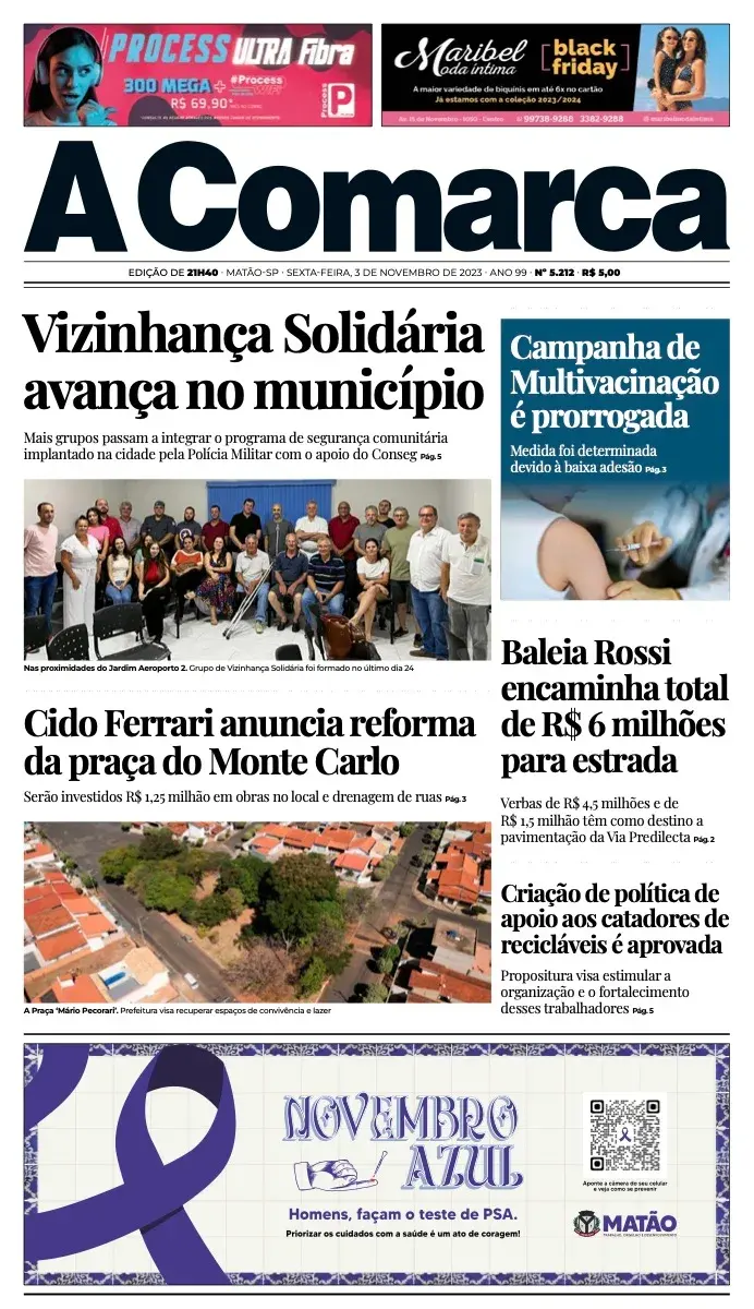 Primeira página da edição 5212 de A Comarca, 3 de novembro de 2023