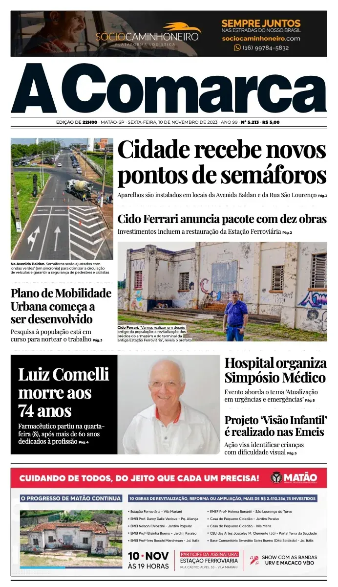 Primeira página da edição 5213 de A Comarca, 10 de novembro de 2023