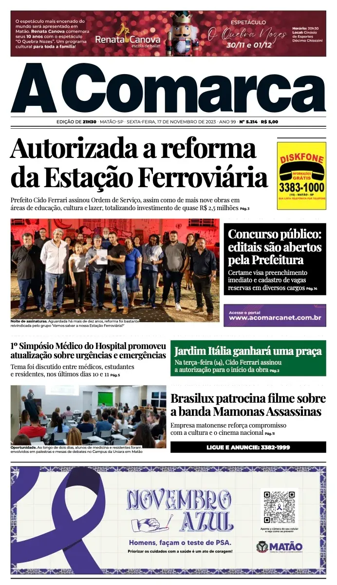 Primeira página da edição 5214 de A Comarca, 17 de novembro de 2023