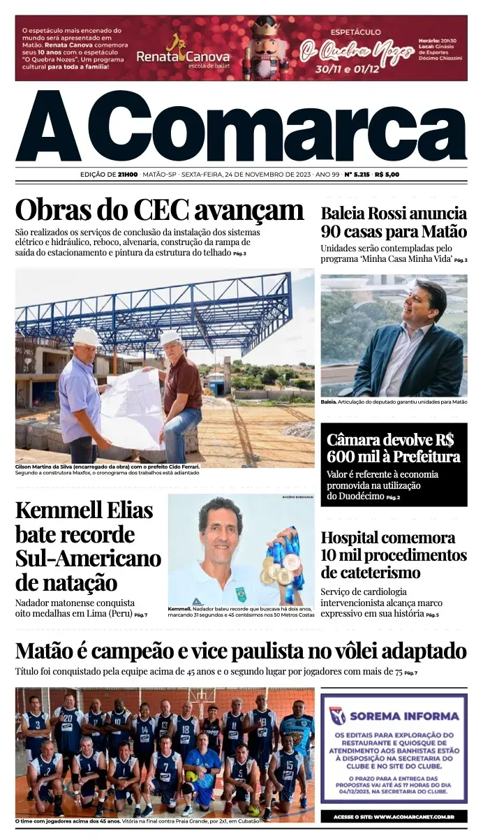 Primeira página da edição 5215 de A Comarca, 24 de novembro de 2023