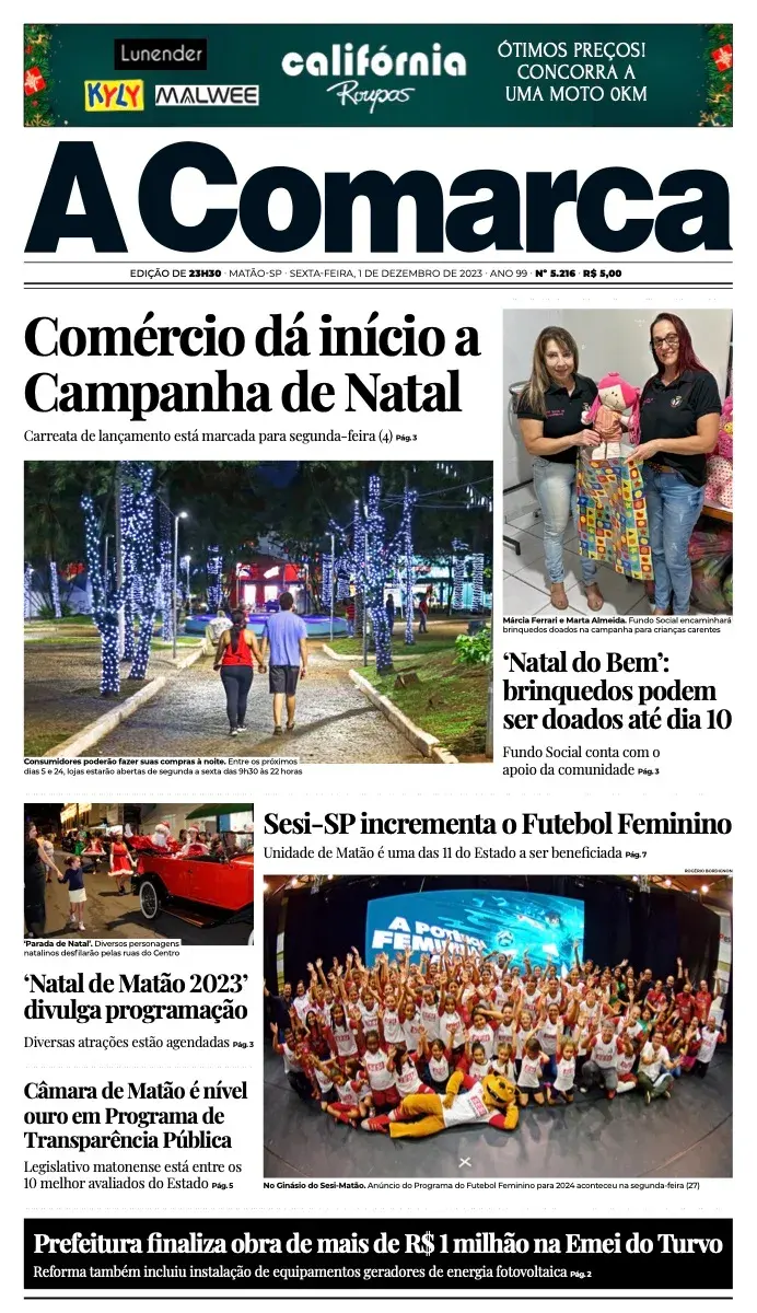 Primeira página da edição 5216 de A Comarca, 1 de dezembro de 2023