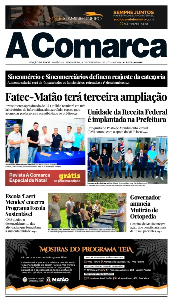 Primeira página da edição 5217 de A Comarca, 8 de dezembro de 2023