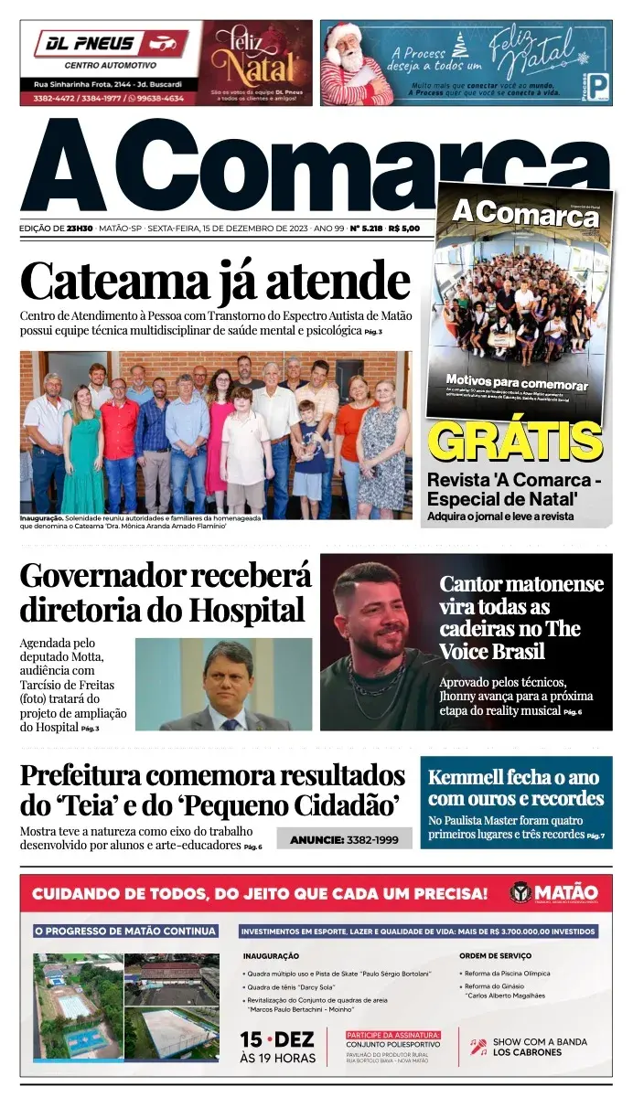 Primeira página da edição 5218 de A Comarca, 15 de dezembro de 2023