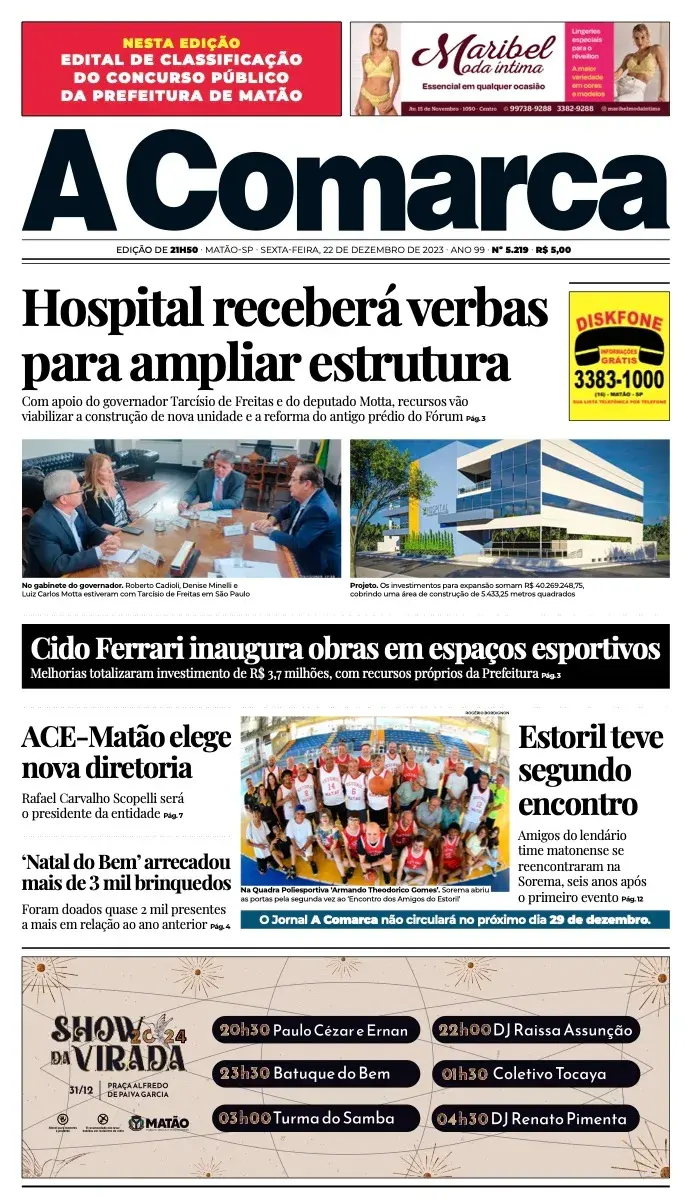 Primeira página da edição 5219 de A Comarca, 22 de dezembro de 2023