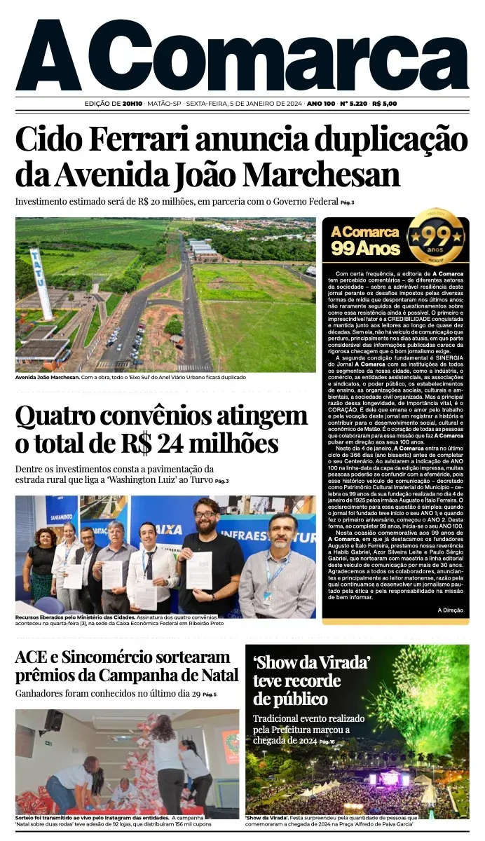 Primeira página da edição 5220 de A Comarca, 5 de janeiro de 2024