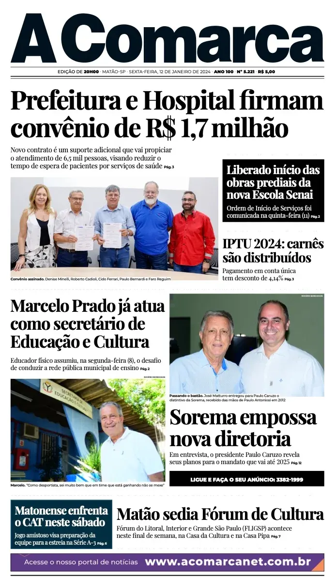 Primeira página da edição 5221 de A Comarca, 12 de janeiro de 2024